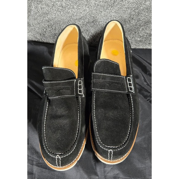 Girotti Black Suede Penny Loafers White Contrast Stitching Wedge Sole Mens EU 43